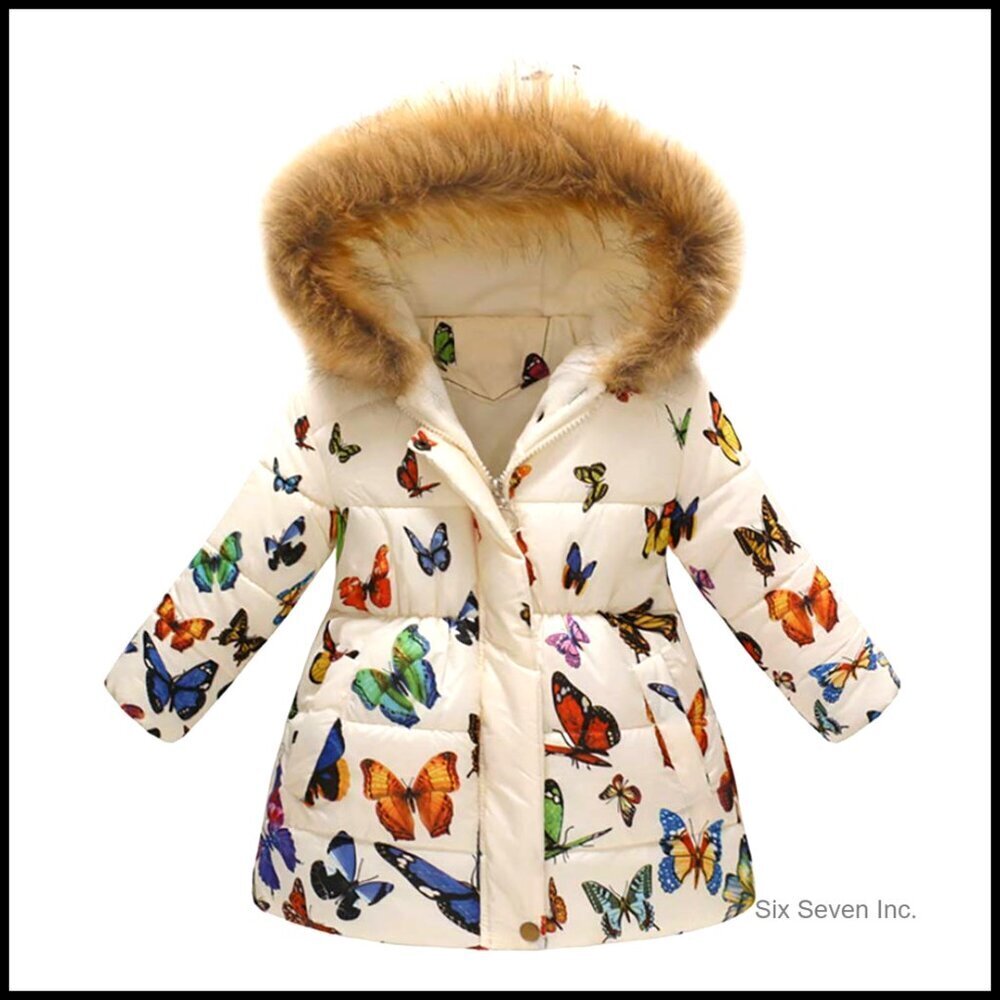 Light Puffer Faux Fur Hoodie Zip Up Fleece Jacket Cute Floral Print Kids
